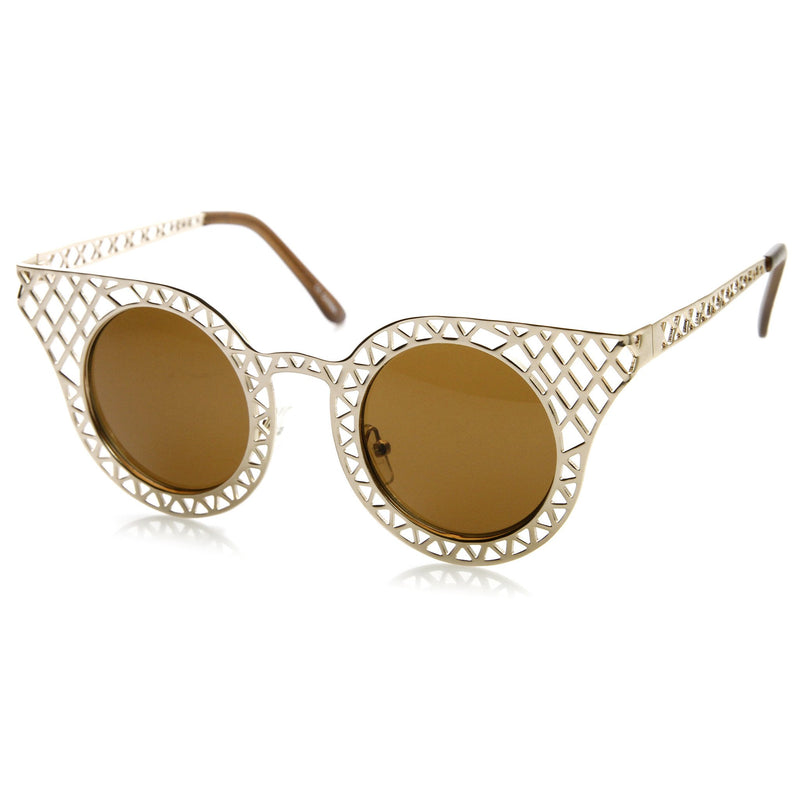 Women's Laser Cut Metal Criss Cross Cat Eye Sunglasses 9353
