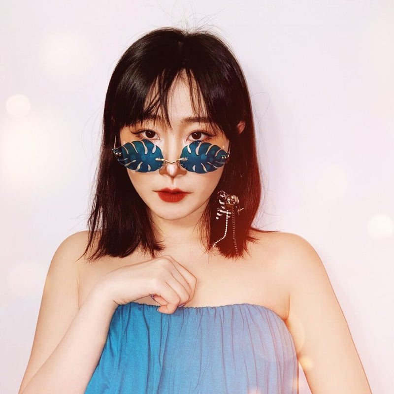 Tropical Palm Leaf Shape Cut-Out Rimless Color Tinted Leaves Sunglasses D075