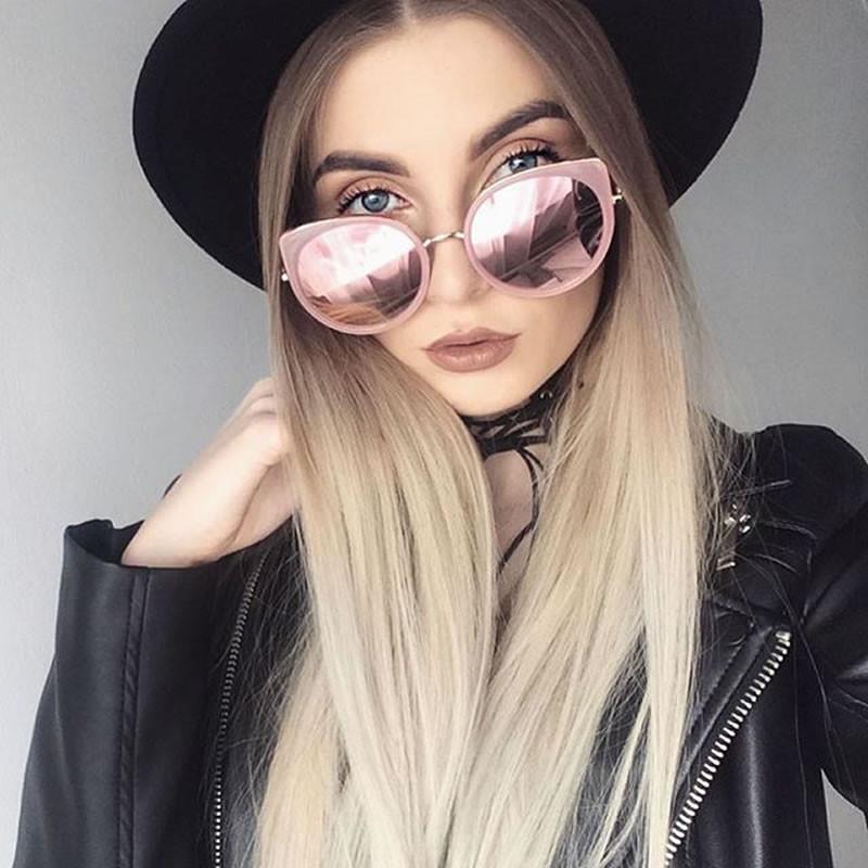 Women's Slim Round Flat Mirror Lens Cat Eye Sunglasses A815