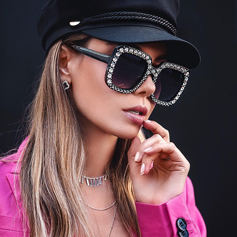 Women's Oversize Glamorous Crystal Rhinestone Square Sunglasses C586