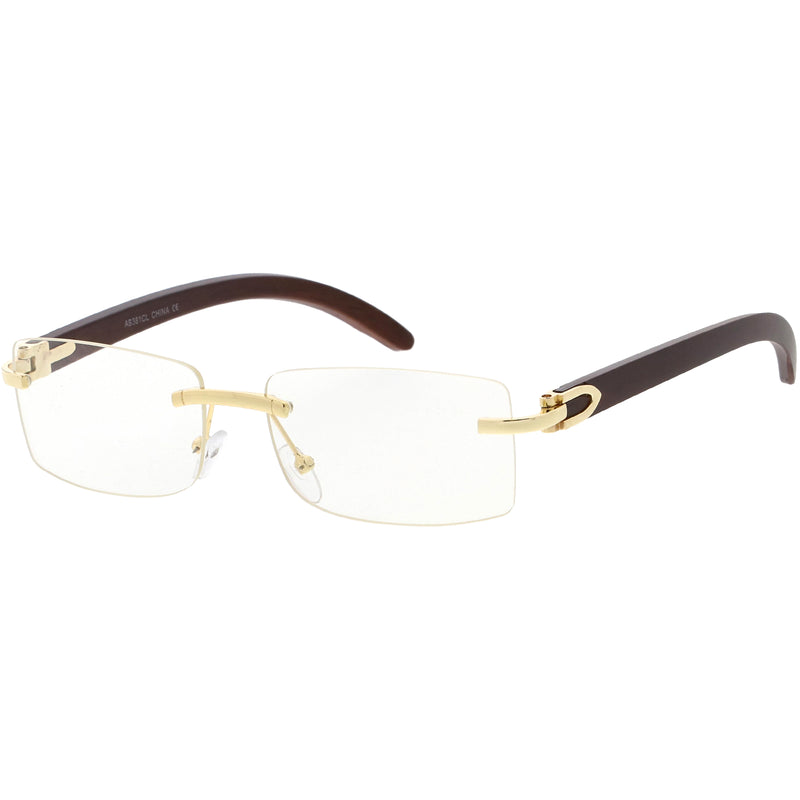 Dapper Rimless Metal Accent Classic Wood Arm Square Lens Blue Light Glasses D011
