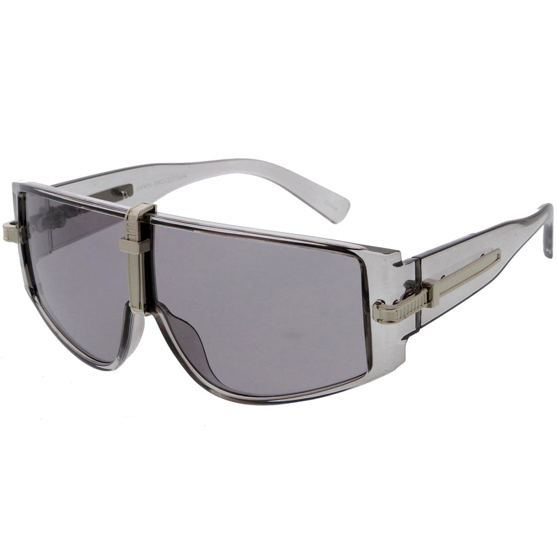 Bold Curved Color Tinted Lens Premium Metal Accent Shield Sunglasses D096