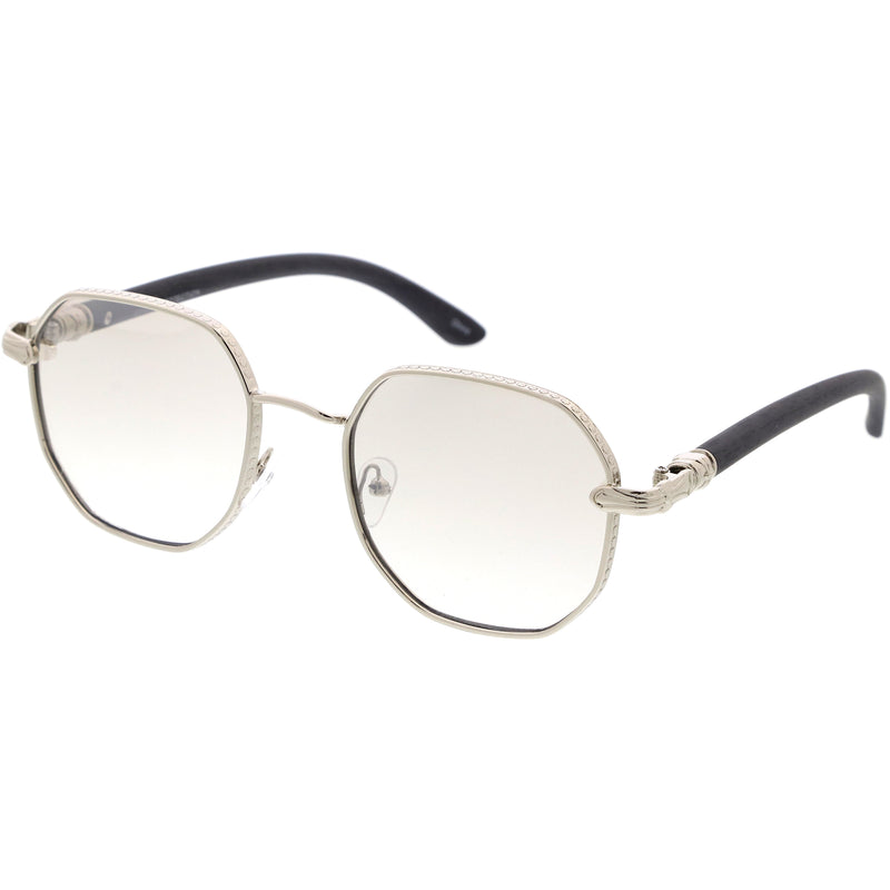 Sleek Medium Geometric Wood Detail Round Polygon Sunglasses D309