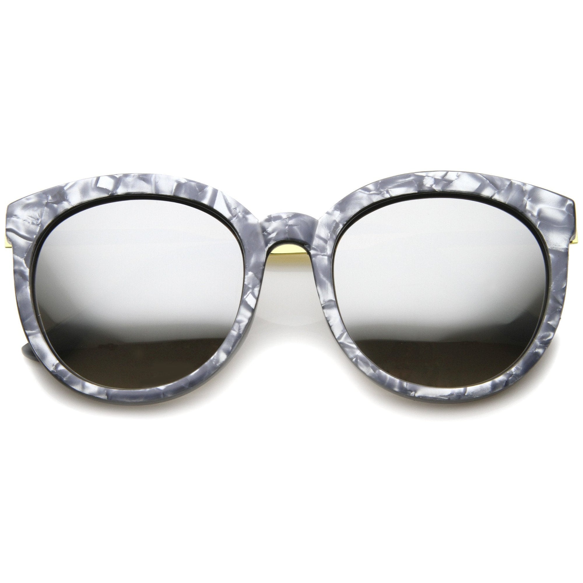 Oversize Marble Print Mirror Lens Round Sunglasses - zeroUV