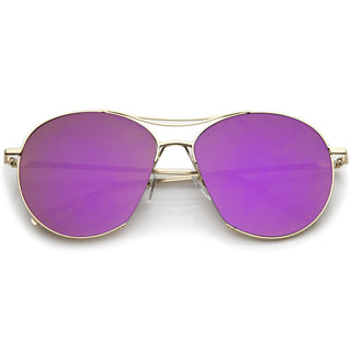 Gafas de sol de aviador con lentes planas espejadas de metal fino de gran tamaño A817 - Espejo morado dorado