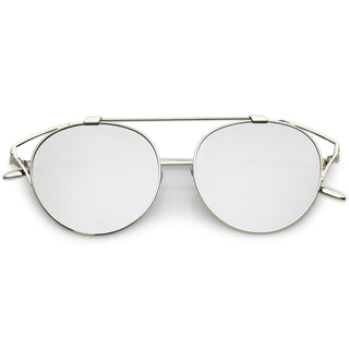 Retro Modern Round Wired Flat Lens Aviator Sunglasses C395 - Silver Silver Mirror