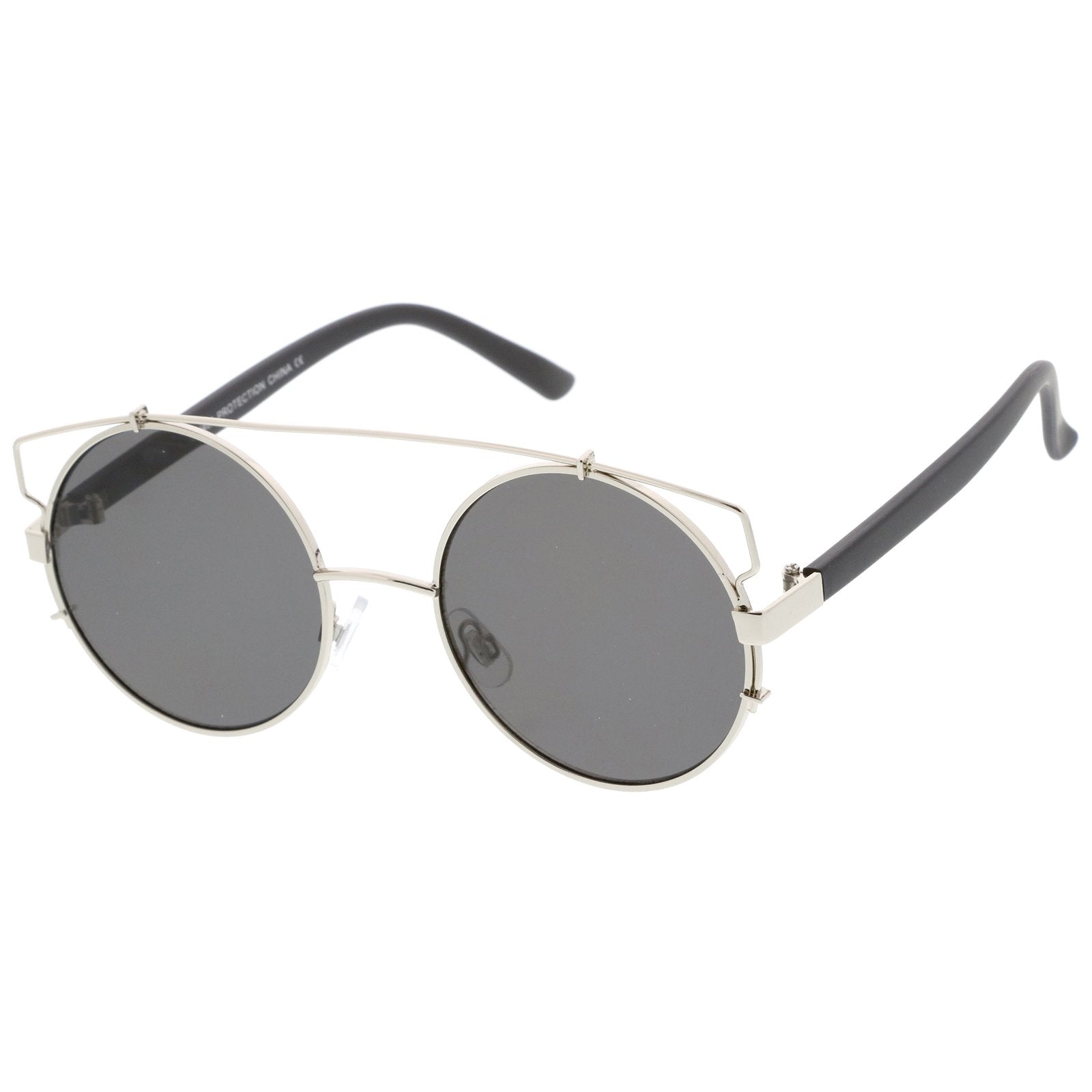 Retro Modern Oversize Round Flat Lens Crossbar Sunglasses - zeroUV