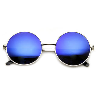 Retro Flash Color Mirror Lens Round Metal Sunglasses 9203 - Silver Ice