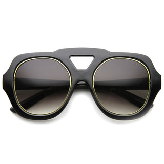 Women's High Fashion Bold Frame Square Aviator Sunglasses 9848 - Shiny Black Gold Lavender