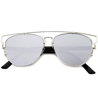 Modern Metal Crossbar Mirrored Lens Flat Front Sunglasses A145 - Silver Full Mirror