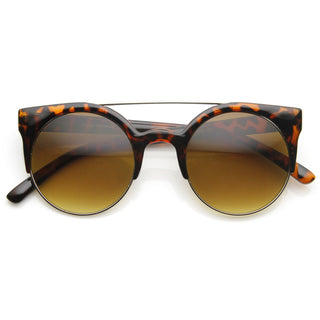 Designer Retro Circle Super Half Frame Flat Bar Sunglasses 8525 - Shiny Tortoise
