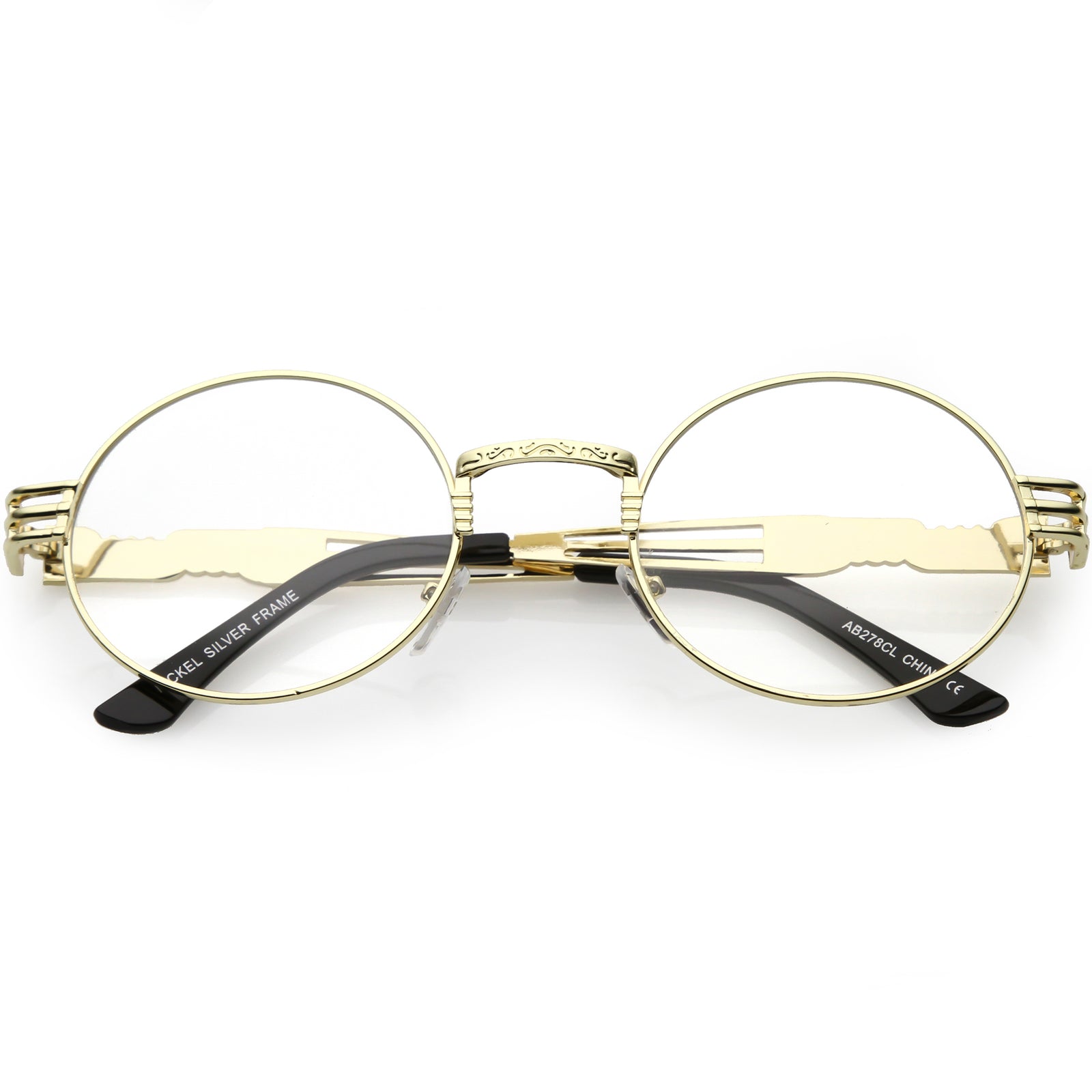 Retro Round Clear Lens Engraved Metal Steampunk Flat Lens Glasses C481