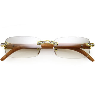 Premium Rhinestones Decorated Small Square Sunglasses D126 - Gold Wood / Clear Fade