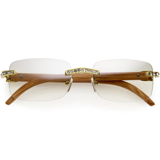 Gafas de sol cuadradas premium decoradas con diamantes de imitación medianos de lujo D129 - Madera Dorada / Desvanecimiento Claro